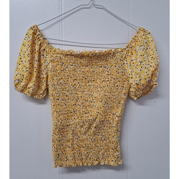 Girls' Summer Cute Crop Tops‎ Sleeve Smocked Floral Blouse Yellow Size S - Picture 1 of 9